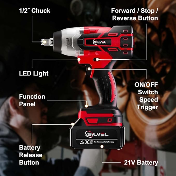SILVEL 21V Cordless Impact Wrench 1/2 inch, 517 Ft-lbs (700N.m) Max Torque Brushless High Torque Impact Wrench w/ 1.5Ah Li-ion Battery, Charger, 6 Sockets, Extension Bar, Power Impact Gun for Car Home