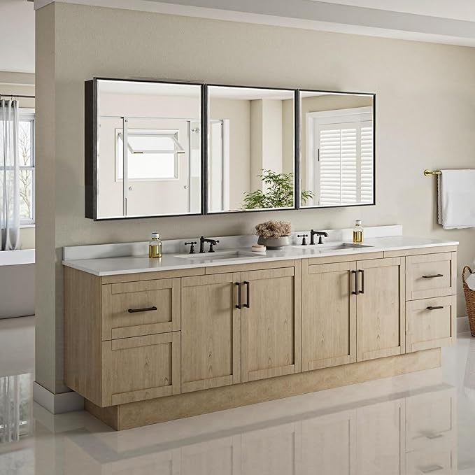 72x30 Matte Black Medicine Cabinet with Beveled Mirror, Surface or Recessed Bathroom Medicine Cabinet Mirror with Adjustable Shelves & 3 Door, Shatterproof Full-Assembled Storage Wall Cabinet