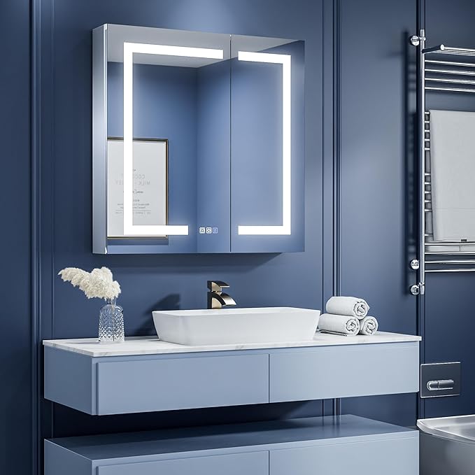 ExBrite LED Lighted Bathroom Medicine Cabinet with Mirror, 30 x 30 Inch, Recessed or Surface Mount, Anti-Fog, Stepless Dimming, Color Temperature Change, Built-in 6000K Sensor Light, Storage Shelves