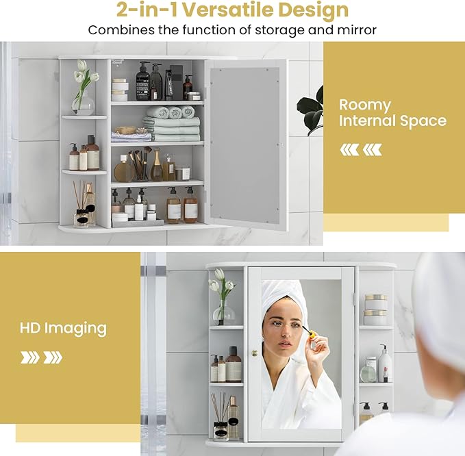Tangkula Bathroom Medicine Cabinet with Mirror, Wall Mounted Home Storage with Door & 6 Open Shelves, Adjustable Shelves, Mirrored Bathroom Wall Cabinet (White)