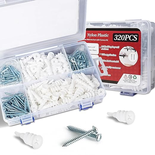 320Pcs Self Drilling Drywall Anchors and Screws Kit, 3 Sizes Nylon Wall Anchors for Hollow Walls, No Pre-Drilling Required, Holds Up to 75lbs (160 Anchors + 160 Screws)