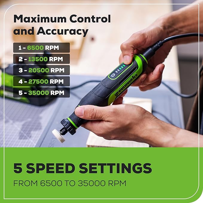 Greenworks 24V Cordless Rotary Tool, Brushless Motor, 180W, 5-Speed, 35,000 RPM, 52 Accessories for Cutting, Sanding, Engraving, Carving, Drilling and Polishing