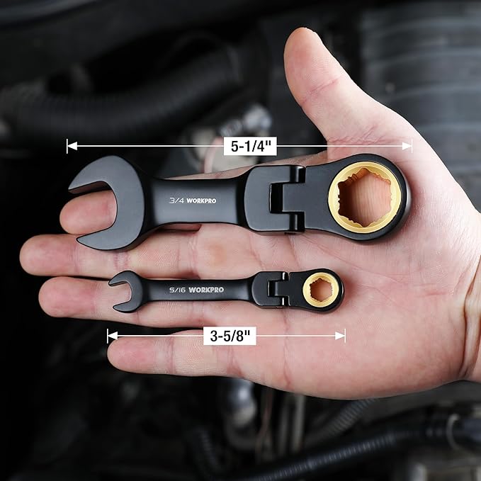 WORKPRO 8-Piece Stubby Anti-slip Ratcheting Combination Wrench Set, SAE 5/16-3/4 in, 72-Teeth, CRV, Black Electrophoretic Coating, Flex-Head Wrench Set with Rolling Pouch