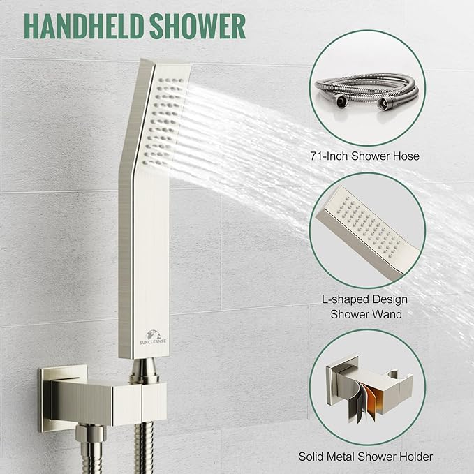 SunCleanse Rainfall Shower System Brushed Nickel Ceiling Mounted Shower System Combo Set with High Pressure 12 Inches Square Rain Shower Head Handheld and Shower Faucet Rough-in Mixer Valve and Trim