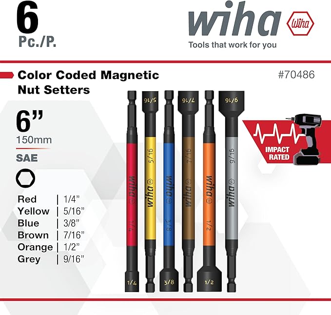 Wiha 70486 Color Coded Magnetic Nut Setter SAE 6 Pc. Set
