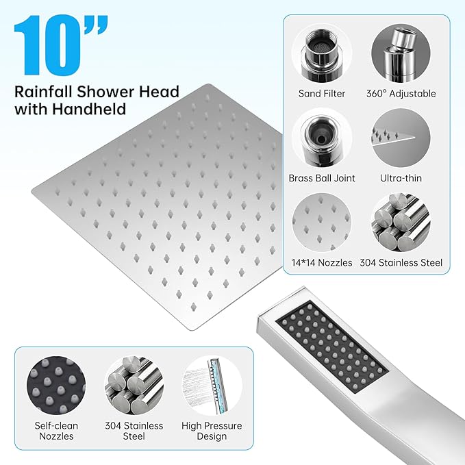 Rainfall Bathroom Shower System, 10-Inch Rain Shower Head and Handle Set, Wall Mounted Dual Shower Combo, All Metal Decorative Shower Luxury Kit Chrome (with Shower Valve)