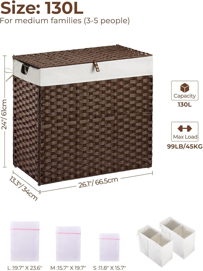 Greenstell Laundry Hamper with lid, No Install Needed, 130L Wicker Laundry Baskets Foldable 2 Removable Liner Bags, 2 Section Clothes Hamper Handwoven Rattan Laundry Basket with Handles, Brown