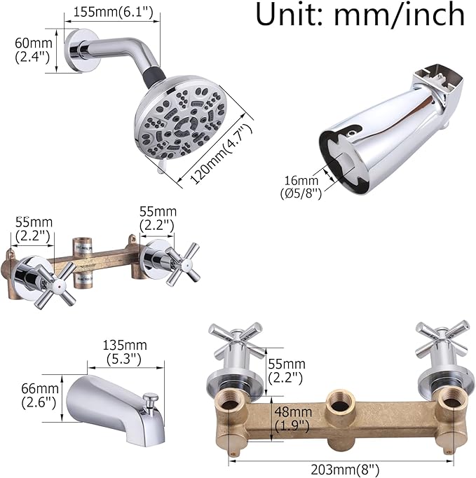 2 Handles Shower Faucet Set with Tub Spout Bathtub Shower Faucet Combo Set Shower System Complete Tub and Shower Trim Kit Wall Mounted Shower Fixtures Chrome