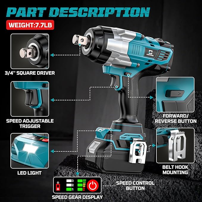 Cordless Impact Wrench 3/4 inch Compatible with Makita 18V Battery, 1850ft-lbs (2500N.m) Brushless Electric Impact Gun, High Torque Impact Driver, for Heavy-Duty Automotive & Industrial Tasks