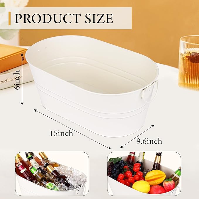 Galvanized Tub Beverage Tubs, 3pcs Metal Ice Buckets for Cocktail Bar 3 Gallon Wine Beer Drink Buckets with Handles Large Tin Tub Cooler Mimosa Bar Supplies Ice Bucket (White)