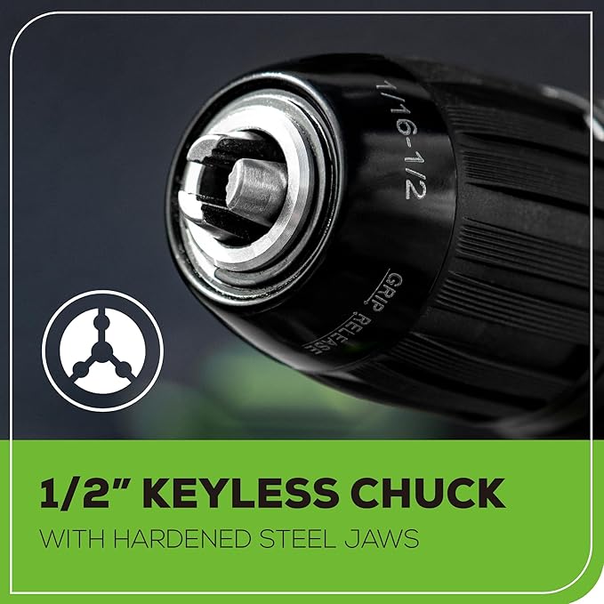 Greenworks 24V Brushless Cordless Drill Kit, 310 in./lbs, 18+1 Position Clutch, 1/2 '' Keyless Chuck, Variable Speed, (2)2Ah Batteries with 2A Charger, LED Light, 8pcs Drill Bits with Tool Bag