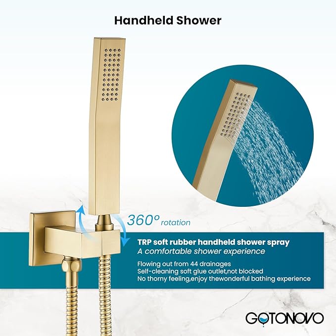 gotonovo Rain Shower Faucet System Set Rainfall Shower Head with Handheld Sprayer Waterfall Tub Spout Wall Mounted Mixer Combo Rough-in Valve and Trim Included 12 Inch Showerhead Brushed Gold