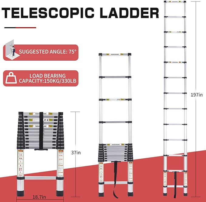 RIKADE Telescoping Ladder 16.5FT & Attic Ladder, Heavy Duty Aluminum with Non-Slip Feet, 330lb Capacity for RV, Attic, Loft & Multi-Surface Use