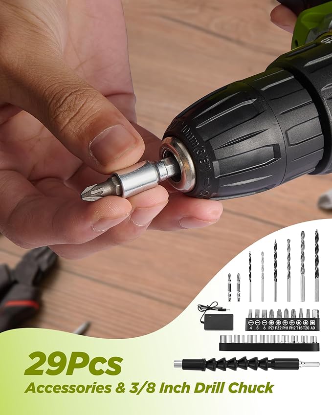 Cordless Drill Set, KELNOW 21V PowerDrill with Power Pack and Charger, 3/8-Inch Keyless Chuck ElectricDrill, 25+1 Position, 2 Speed, 27pcs Drilldriver Bits Tool Drills for DIY Projects