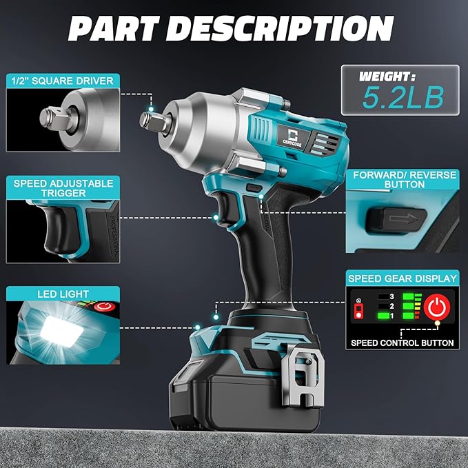 Cordless Impact Wrench 1/2 inch for Makita 18v Battery – Brushless High Torque Impact Driver Gun with 750Ft-lbs Torque, LED Work Light, Ergonomic Design for Heavy-Duty Performance(no battery)