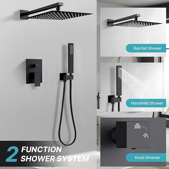 Black Shower Faucet Set Rain Shower System with 10 Inch Shower Head Combo Set Handheld Spray Matte Black Shower Fixtures Rough-In Valve Kit Trim Bathroom Complete Rainfall Shower Mixer Set