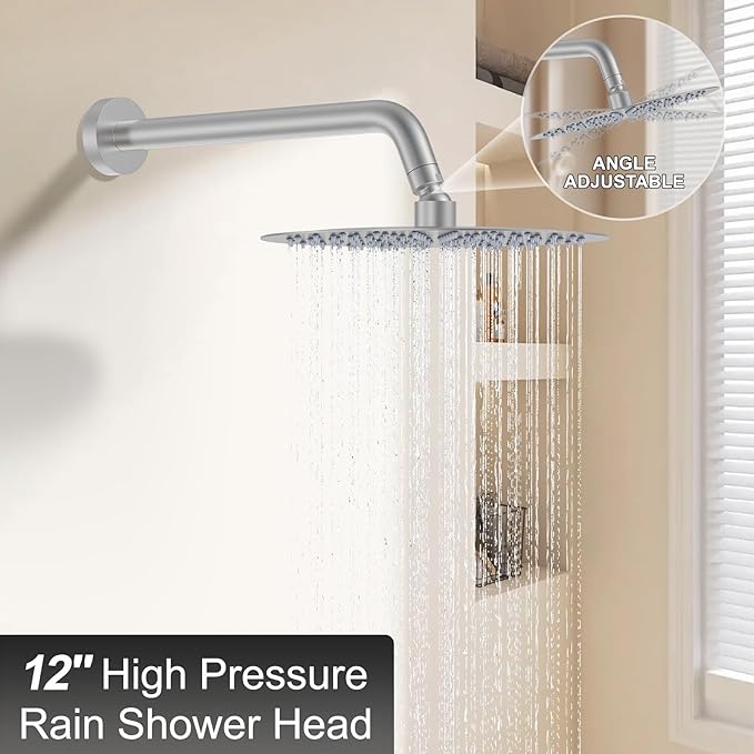 12-Inch Brushed Nickel Shower System: Ultimate High-Pressure Experience with Rainfall & Handheld Heads, Wall-Mounted Mixer, Rough-In Valve, & Trim Kit