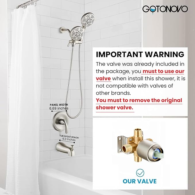 gotonovo Tub Shower Faucet Set,2 in 1 Dual Shower Head and Handle Set with Tub Spout Wall Mount Bathroom Shower Trim Kit with 3-way Water Diverter Valve Included Various Modes Brushed Nickel