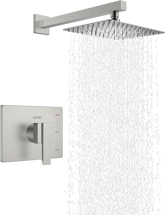 KENES Modern Brushed Nickel Shower Faucet, Square Shower Trim Kit with Single-Spray Shower Head, Shower Trim Systems Wall Mount, KE-6024B (Shower Valve Included)