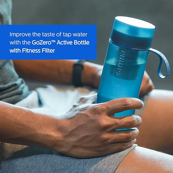 PHILIPS Water GoZero Active BPA-Free Water Bottle with Adventure River/Lake/Spring Water Filter for Hiking, Camping & Fitness Tap Water Filter for Gym, Sport Squeeze Bottle, Lightweight, Blue, 20 oz