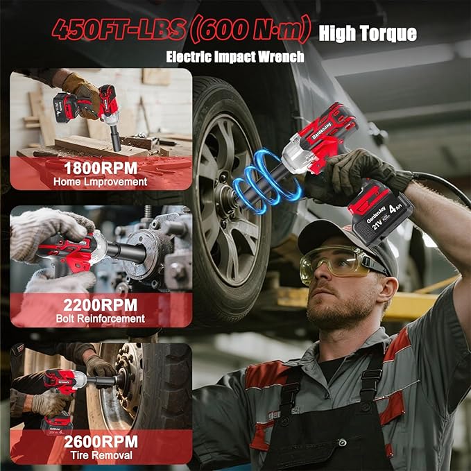 Cordless Impact Wrench 1/2 Inch, 21V Max Brushless, 450 Ft-lbs (600N.m) Max Torque, 3-Speed, w/ 4.0Ah Battery & Quick Charger, 6Pcs Impact Sockets - for Automotive Repair, Tire Changing, Home DIY