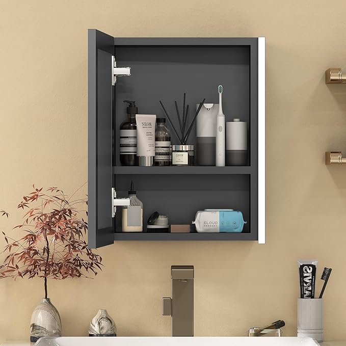 16x20 Inch Medicine Cabinet with LED Light Mirror, Brightneess Adjustable and Full-Assembled Bathroom Aluminum Cabinet with Storage, Surface or Recessed Tempered Cabinet, Farmhouse Black