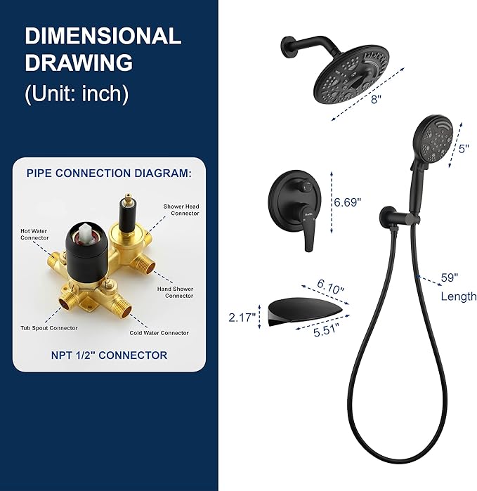 SHAMANDA Luxury Tub Shower Faucet Set with Round-in Valve, Wall Mounted Shower System with Waterfall Tub Spout and 6-Setting Rain Shower Head with 9-Setting Handheld, Matte Black, L8083-7