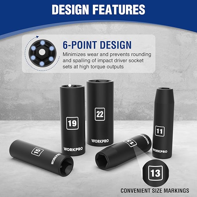 WORKPRO 14-Piece 1/2" Drive Deep Impact Socket Set, 6-Point Impact Deep Socket Set with Heavy Duty Storage Case for Automotive and Mechanical Repairs, 10mm-27mm, Cr-V Steel, Metric