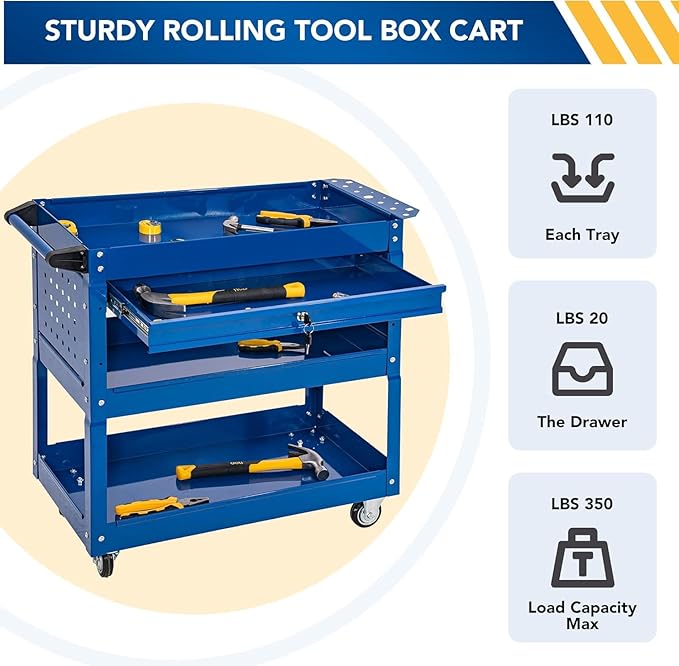 SUN & SUMMER 3-Tier Rolling Tool Cart with Wheels, Rolling Tool Chest 330 LBS Capacity Heavy Duty Utility Industrial Service Cart with Locking System Drawer for Garage, Warehouse, Repair Shop (Blue)