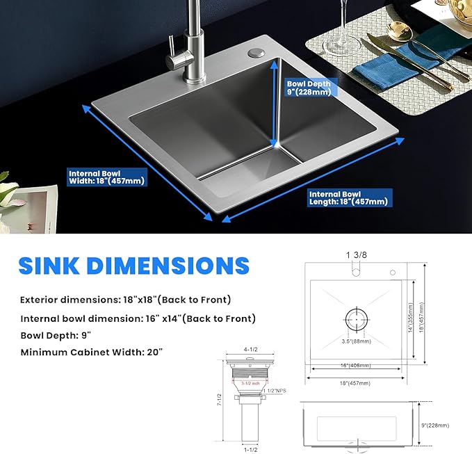 POPFLY 18 Inch Drop In Kitchen Sink, 304 Stainless Steel Top mount Handmade Single Bowl Kitchen Sink 9 Inches Deep Bar Prep Sink, Brushed Nickel(18×18×9)