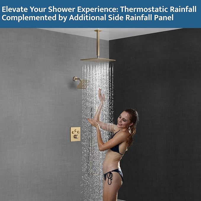 Thermostatic Shower System Brushed Gold, Push Button Diverter Shower Faucet with 2 in 1 Handheld, Ceiling Mount 12 Inch Shower Head with 6 Inch Wall Mount Shower Head