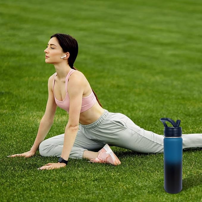 4pack 22 oz Insulated Water Bottle With Straw, Stainless Steel Sports Water Cup Flask with 2 Lids, Wide Mouth Travel Thermal Mug,Navy Black