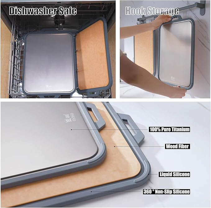 GUANCI Pure Titanium Cutting Board, Double Sided Cutting Board for Kitchen, Pure Titanium/Wood Fiber Composite with Juice Groove Dishwasher Safe 16"L x 11"W