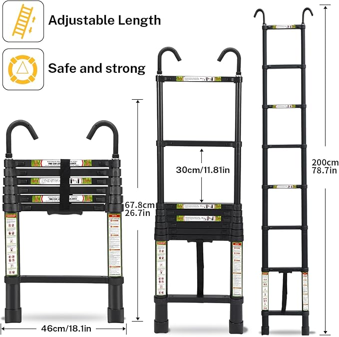 Telescopic Ladder, 6.5FT RIKADE Aluminum Telescoping Ladder with Non-Slip Feet and Stable Hook, Portable Extension Ladder for Household and Outdoor Working, 330lb Capacity