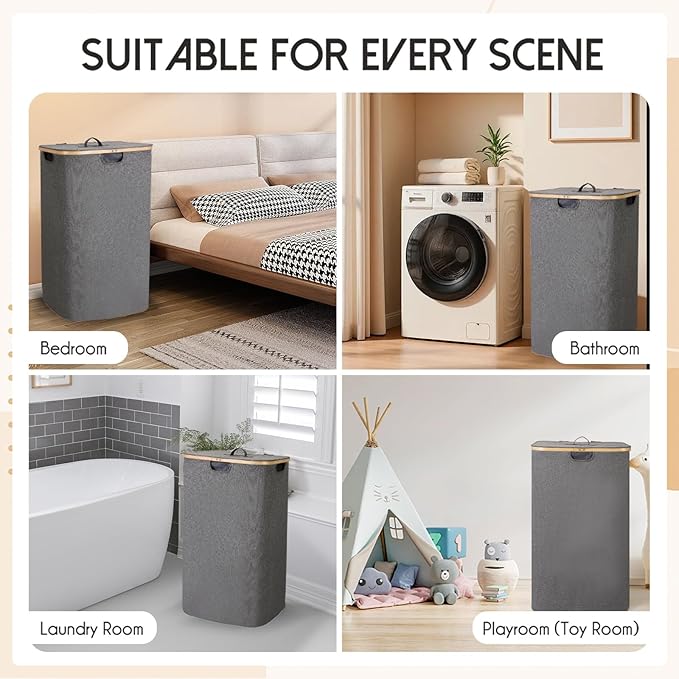 160L Laundry Sorter Hamper with Lid, 3 Section Extra Large Dirty Clothes Basket with Handles, 3 Removable Liner Bags & Labels, Gray