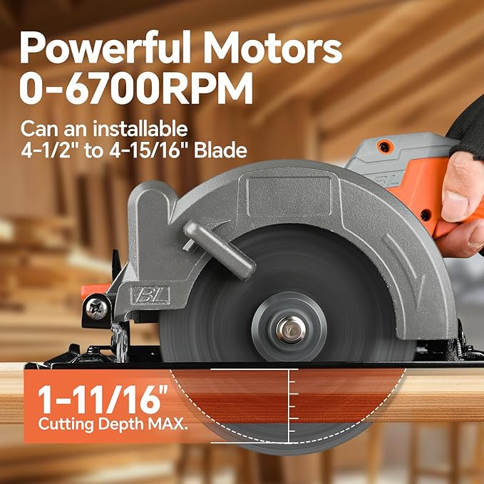 20V 6.0Ah Cordless Mini Circular Saw, 6700RPM, 4-1/2" Blade, 2 Batteries Included,2 Blades, Max Cutting Depth 1-11/16"(90°),1-3/16"(45°), Ideal for Wood/Metal/Plastic/Ceramic Tiles