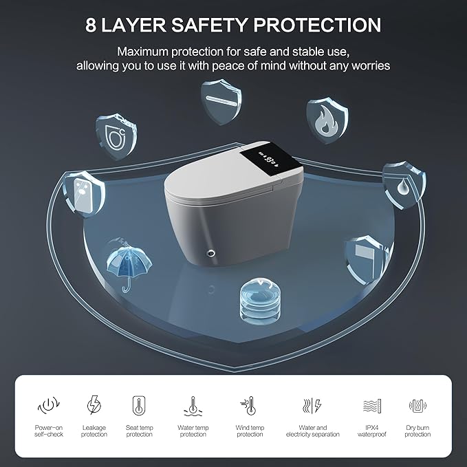 Smart Toilet with Bidet Built-In and Tank – Foam Shield, Heated Seat, Dual Flush, Warm Water & Dryer, Foot Sensor, Night Light, and Wireless Remote Control