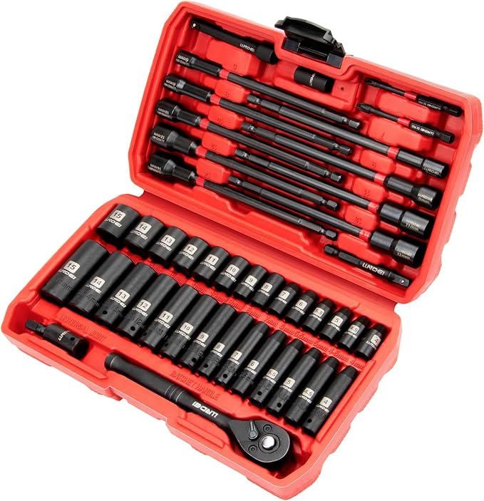LLNDEI 1/4" Drive Socket Set & Nut Driver Set 44PCS, 1/4-Inch Sockets Deep&Shallow Metric(4-15mm) with Ratchet, 1/4" Hex Shank 6" Long Nut Drivers(6-14mm) for Impact Drill Bits(PH1 PH2)