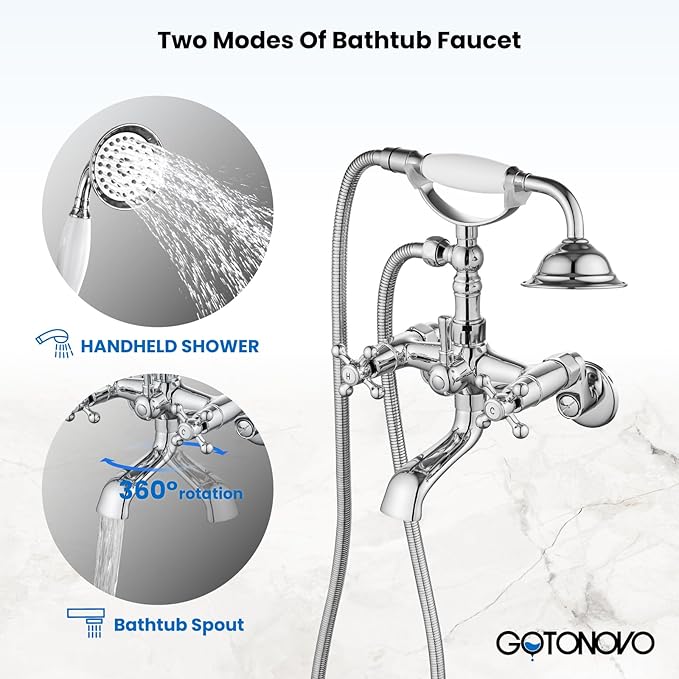 gotonovo Clawfoot Bathtub Faucet Tub Filler with Hand Held Shower Faucet Set Victorian Double Cross Handle 6 Inch Center Adjustable Swing Arms Tub Mount Short Adapter Polished Chrome