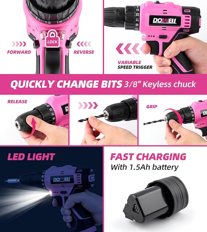 DOWELL 147 Pcs Pink Tool Kit with 12V Cordless Drill with 3/8" Keyless Chuck for Women, Home, Men, Built-in LED, Type-C Charge Cable