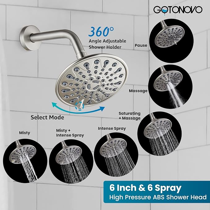 gotonovo Tub Shower Faucet Set Shower Head and Handle Set 6 Modes 6 inch Bathroom Trim Kit with Tub Spout High Pressure Shower System Combo with Valve Round Showerhead Brushed Nickel