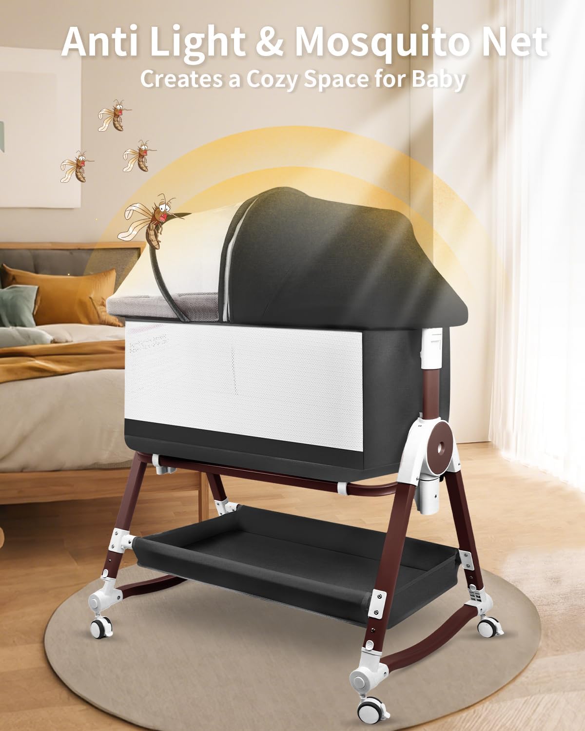 4 in 1 Baby Bassinet, Bassinets Bedside Sleeper with Wheels and Storage Basket, Adjustable 7 Heights Bedside Sleeper with Mosquito Net, Breathable Mesh Rocking Bassinet for Baby