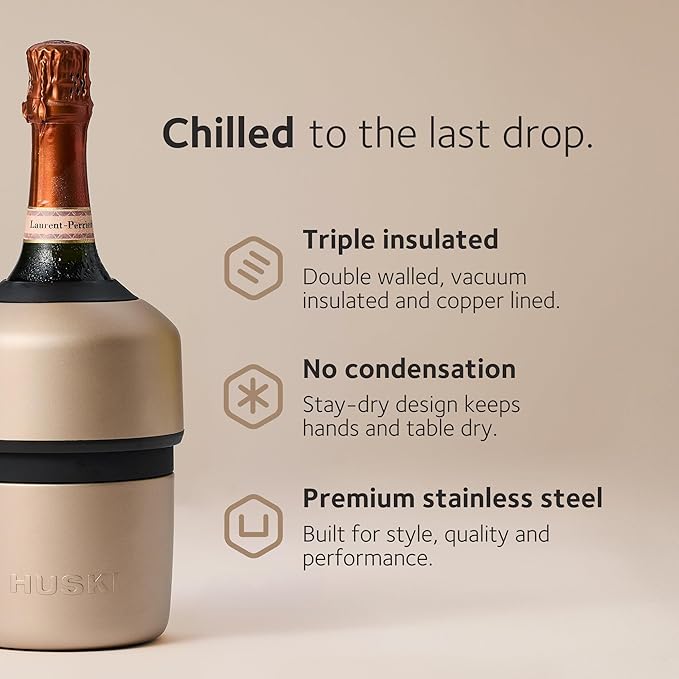 Huski Champagne Chiller | New | Award-Winning Iceless Design with Detachable Bottle Stopper | Keeps Wine Cold up to 6 Hours | Fits Most 750ml Champagne, Prosecco & Sparkling Wine Bottles (Stainless)