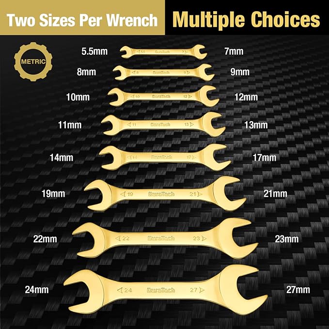 DURATECH Super-Thin Open End Wrench Set, Metric, 8-Piece, 5.5mm to 27 mm, Titanium Plating, Slim Spanner Set with Rolling Pouch