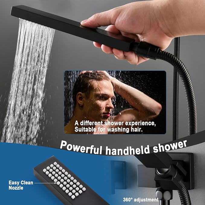 Enga Thermostatic Dual Shower System, 12"+6" Wall Mount Dual Rain Shower Faucet, All Functions Use Together & Volume Adjustable, Matte Black