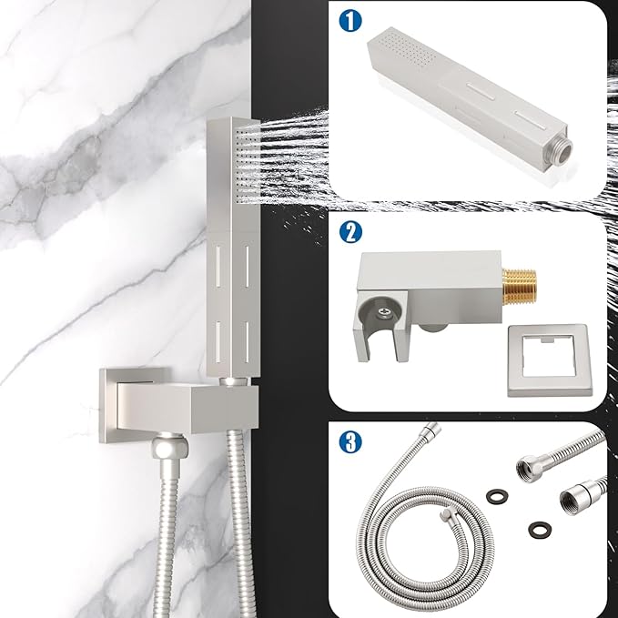 2 Settings Models Handheld Shower Head Sprayer High-Pressure with 59" Long Flexible Hose, Square 2 in1 Solid Brass Adjustable Shower Wand Replacement Kit, Brushed Nickel
