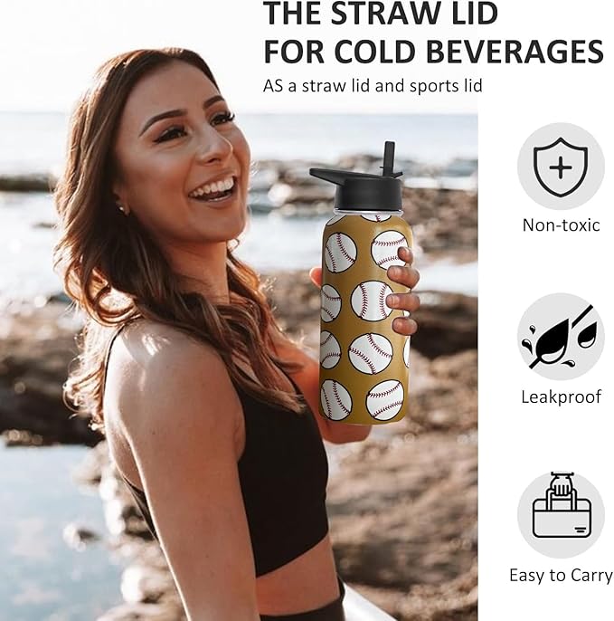 32 oz Baseball Water Bottle Insulated Vacuum Stainless Steel Sports Water Bottle with 2 Lids (Straw and Spout Lid) for Gym Camping Hiking