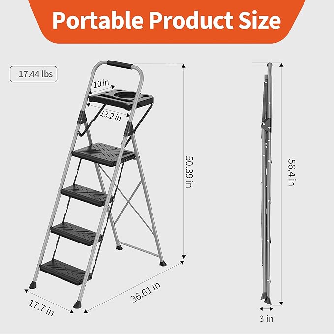 4 Step Ladder, Folding Step Stool with Tool Platform, Wide Anti-Slip Pedal and Anti-Slip Feet, Sturdiest Steel Construction, 900lbs Capacity Steel Ladder, Installation Free, Grey