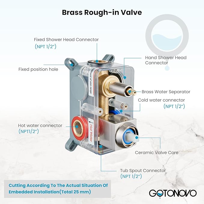 gotonovo Rain Shower Faucet System Set Rainfall Shower Head with Handheld Sprayer Waterfall Tub Spout Wall Mounted Mixer Combo Rough-in Valve and Trim Included 12 Inch Showerhead Brushed Nickel