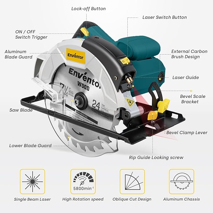Enventor 7-1/4-Inch Circular Saw, 10A Pure Copper Motor Electric Circular Saws with Laser Guide, 2 Blade Saws (40T/24T), Adjust Cutting Angle from 0° to 90°, Single Handed Bevel, 5800RPM, Blue